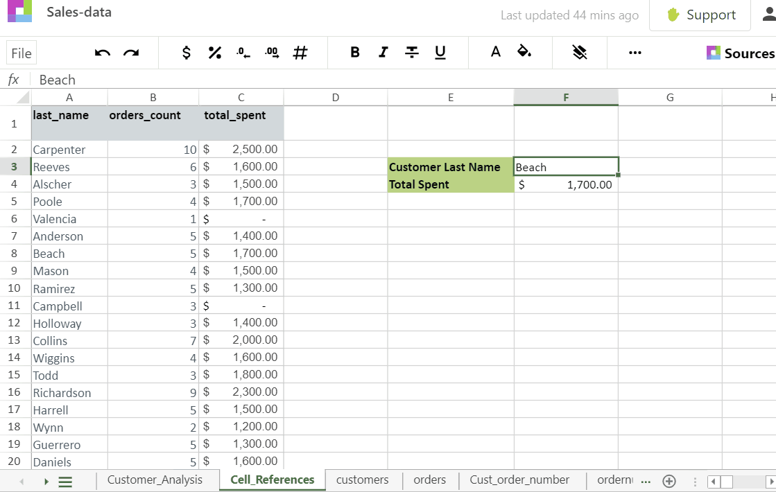 VLOOKUP gif for total spent by customer